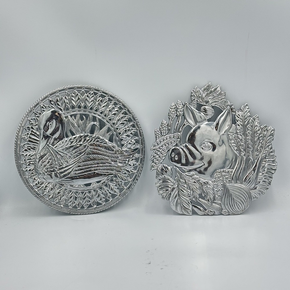 Set 2 Fitz and Floyd Silver tone Metal Pig & Duck Trivet or Wall Plaque